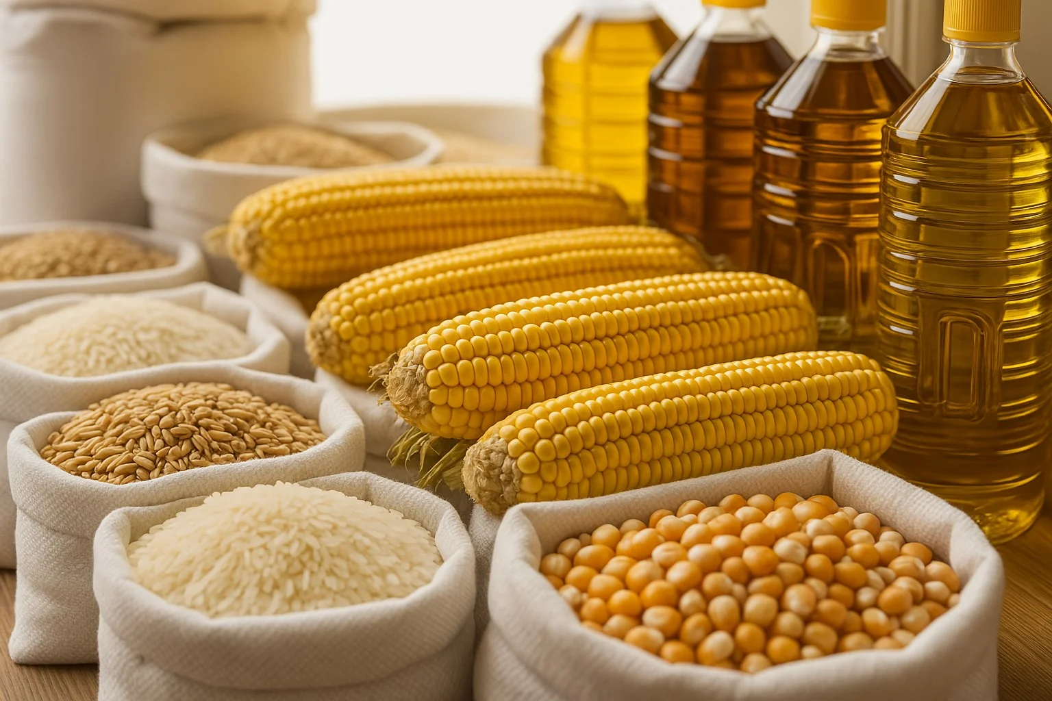 Composición de bienes esenciales: maíz, arroz, granos y aceite vegetal