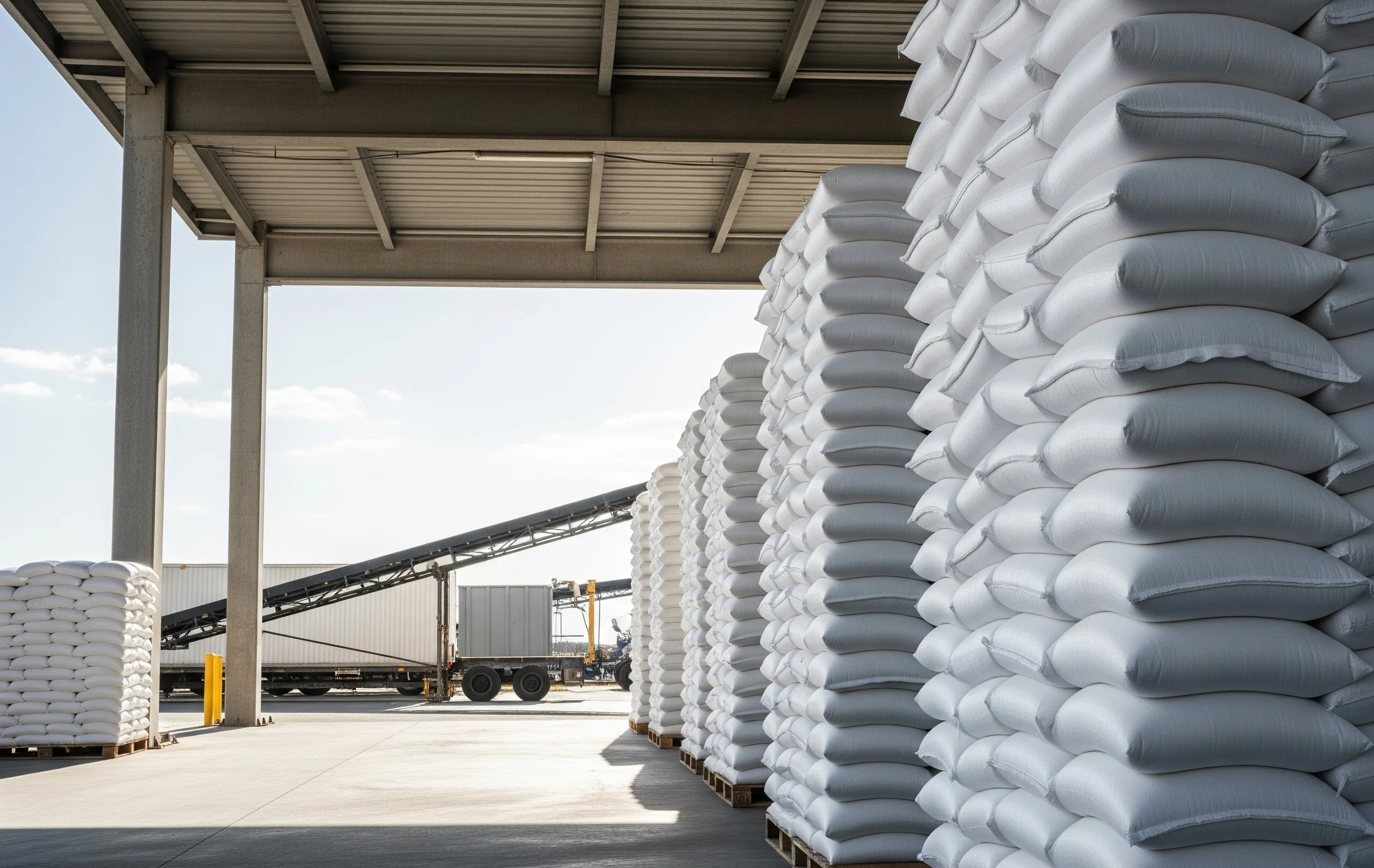 Sacos de azúcar ICUMSA en un almacén listos para distribución global